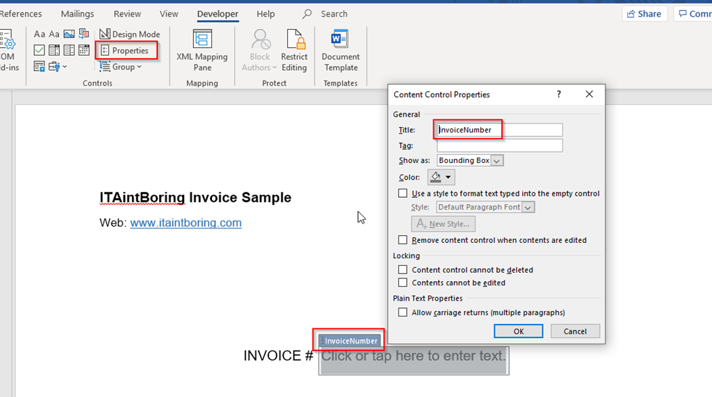 invoice with word developer tools